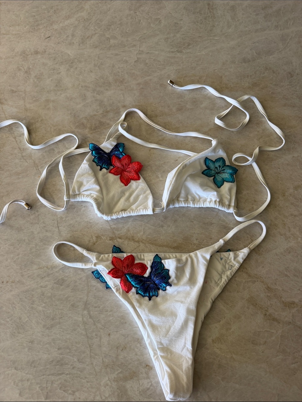Blue Life White Two-Piece Bikini with Red & Teal Floral Appliqués